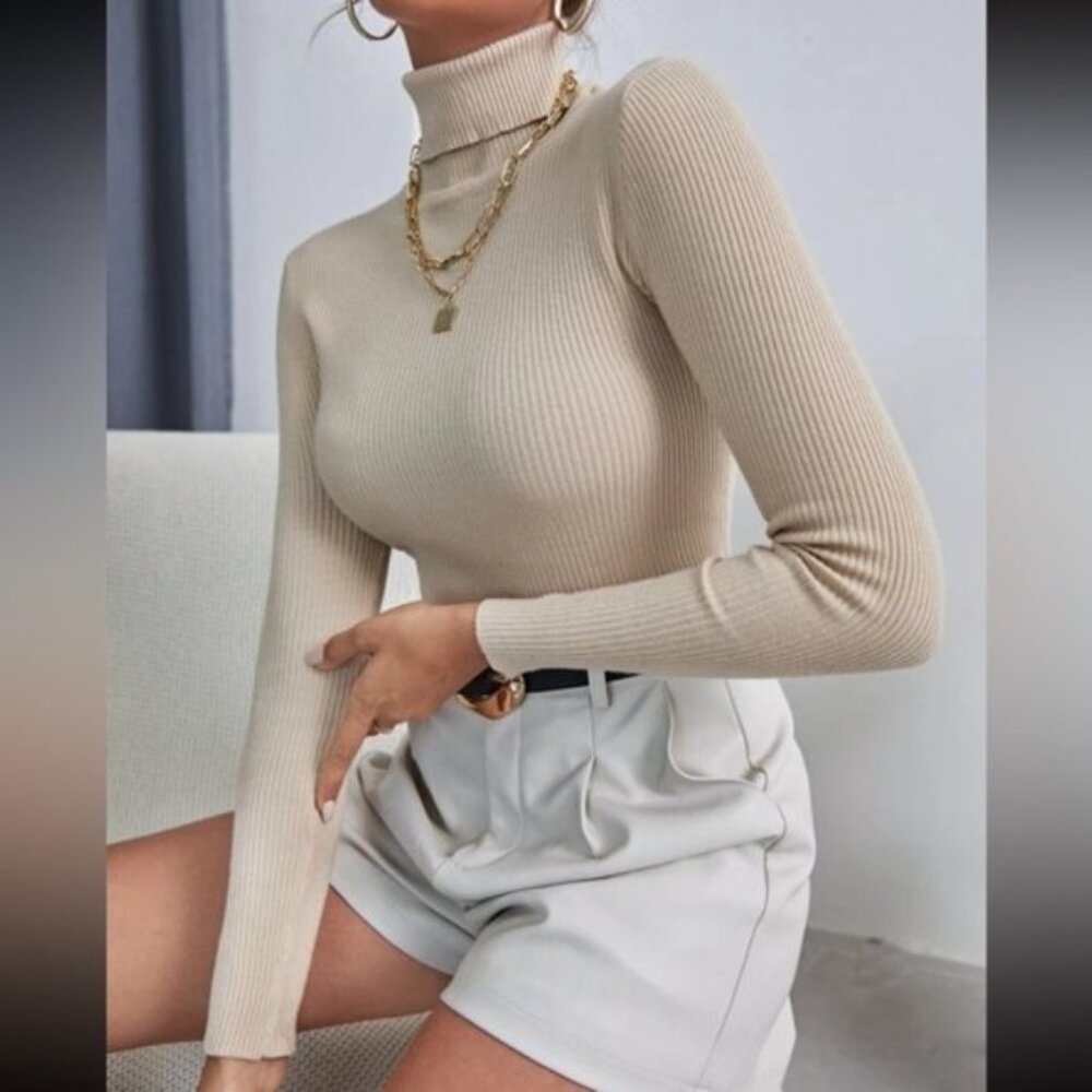 High Neck Ribbed Knit Sweater, mean PR director turtleneck